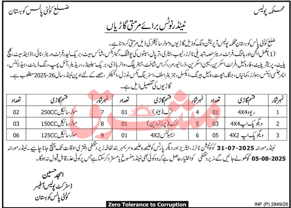 Police Department Kohistan Tender Notice